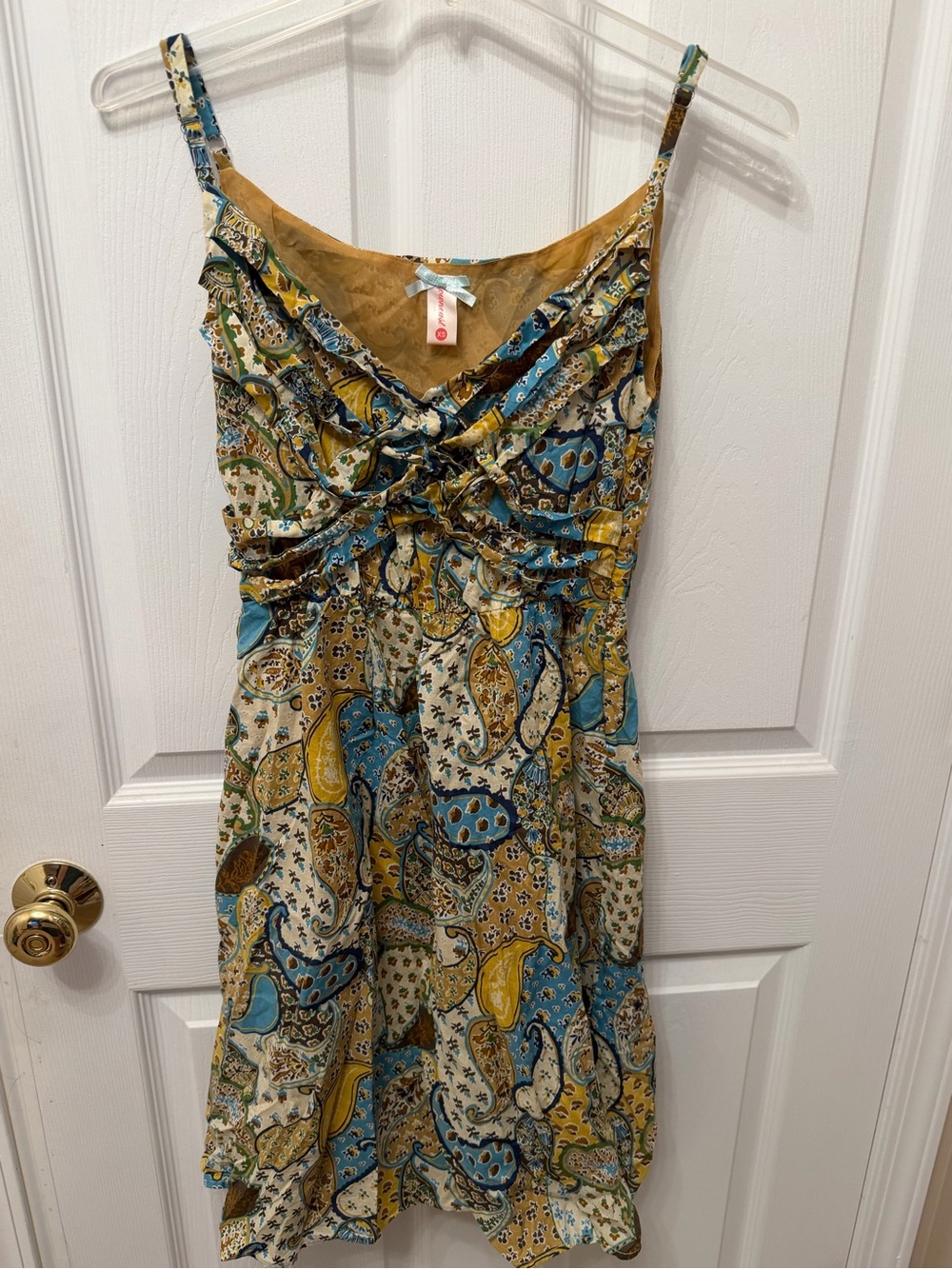 DownEast Paisley Spaghetti Strap Mini Dress in Blue & Mustard